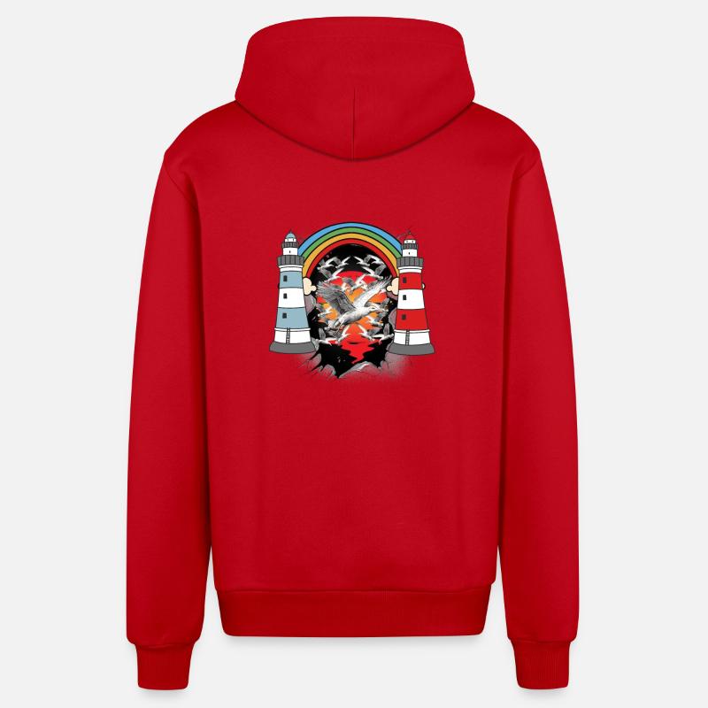 maritime, lighthouse, lighthouses, seagulls, seagulls - Organic Relaxed Hooded Jacket Made in EU - red