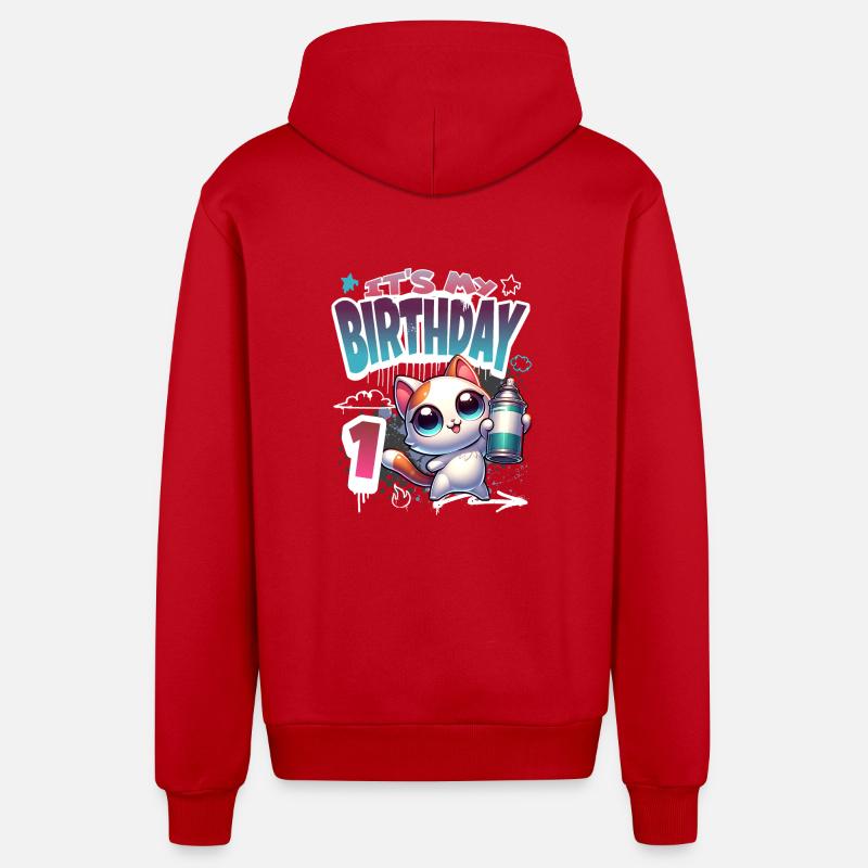 1er anniversaire chat graffiti - Veste à capuche bio décontractée fabriquée en UE - rouge