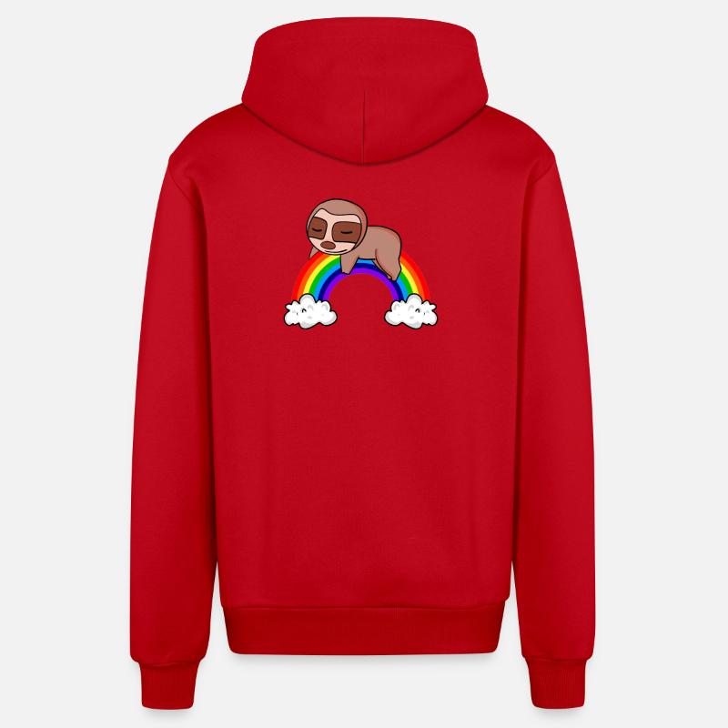 Rainbow Sloth - Organic Relaxed Hooded Jacket Made in EU - red