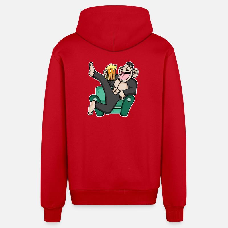 Funny monkey drinks beer - Organic Relaxed Hooded Jacket Made in EU - red