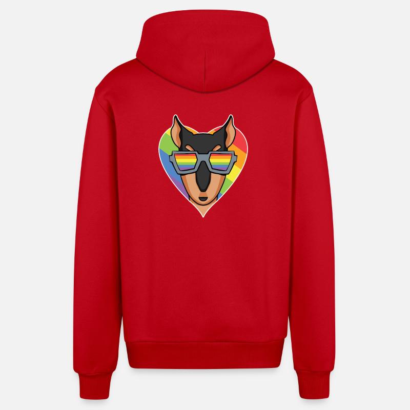 Regenbogen - Hund mit Brille - Dobermann - Organic Relaxed Kapuzenjacke Made in EU - Rot