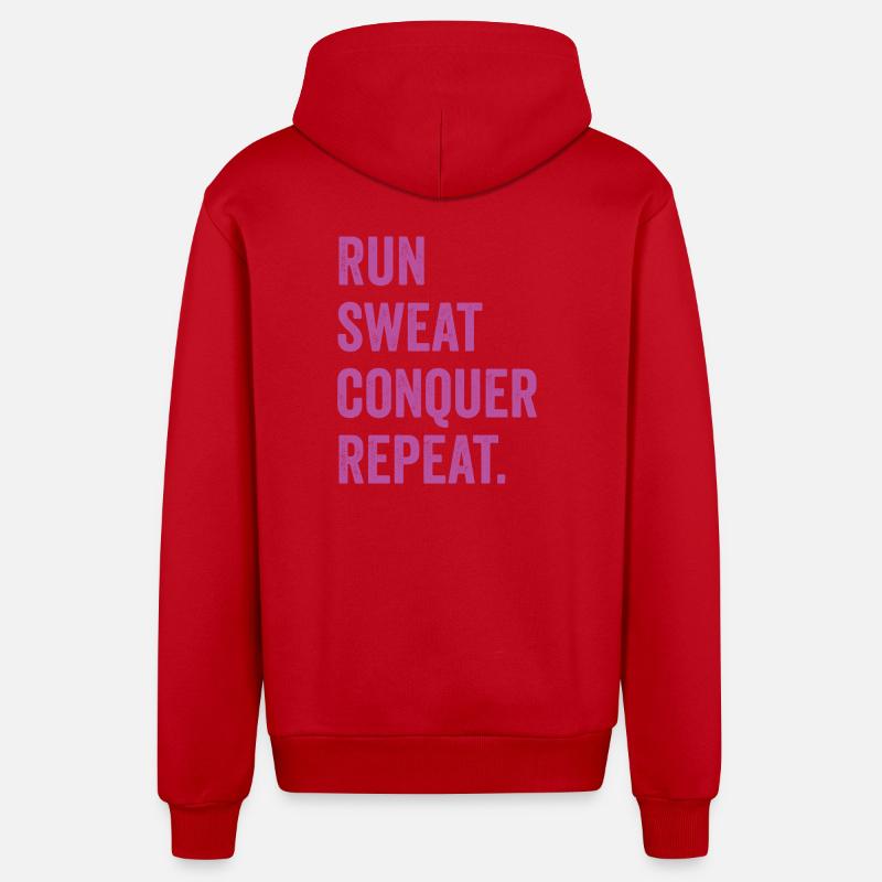 Courir. Sueur. Conquérir. Répéter. - Veste à capuche bio décontractée fabriquée en UE - rouge