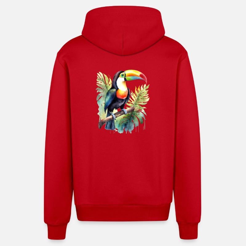 Aquarelle de Toucan - Veste à capuche bio décontractée fabriquée en UE - rouge