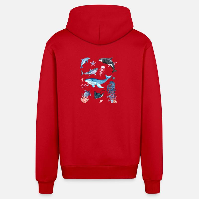Monde sous-marin, animaux marins - Veste à capuche bio décontractée fabriquée en UE - rouge