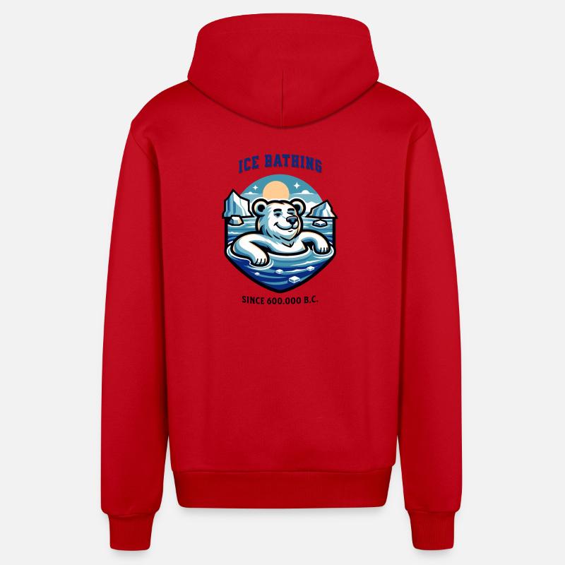 relaxter Eisbär beim Eisbaden lustiger Spruch - Organic Relaxed Kapuzenjacke Made in EU - Rot