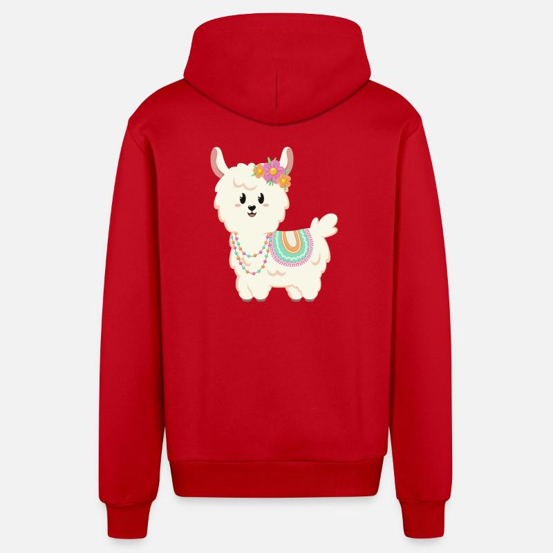 Été, soleil, lama à fleurs - Veste à capuche bio décontractée fabriquée en UE - rouge