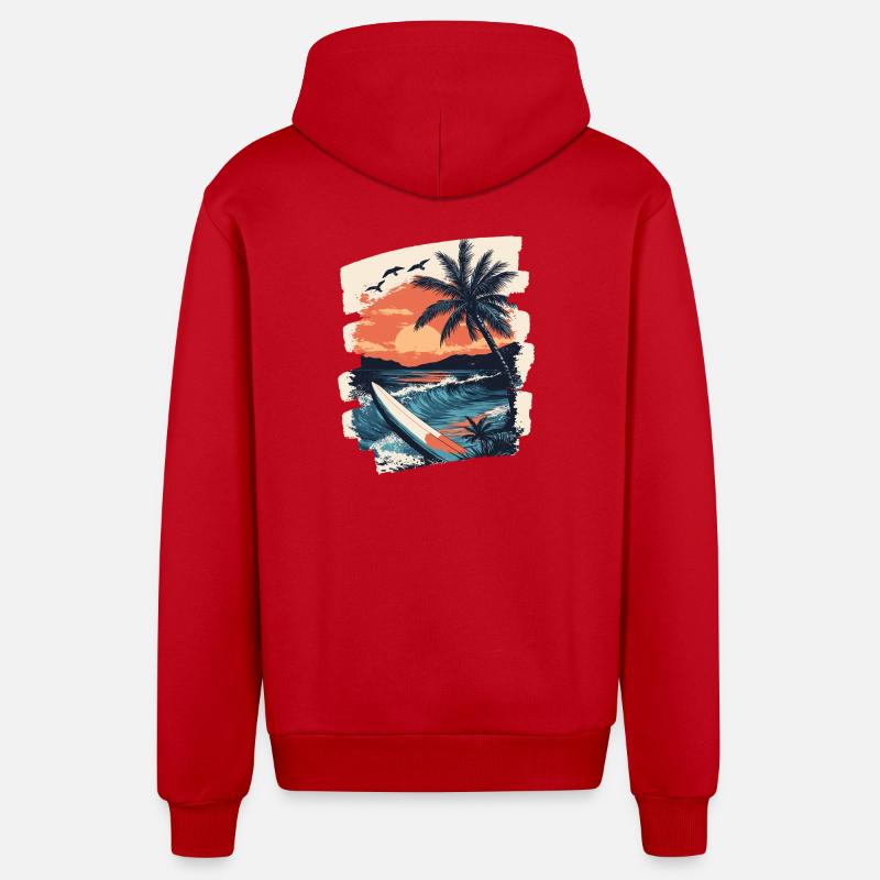 Beach Palm Trees Sunset Summer - Organic Relaxed Hooded Jacket Made in EU - red
