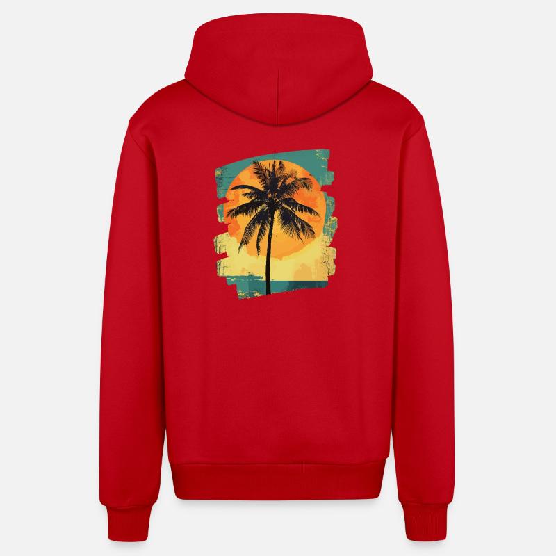 Palm Tree Sunset Summer Sun - Organic Relaxed Hooded Jacket Made in EU - red