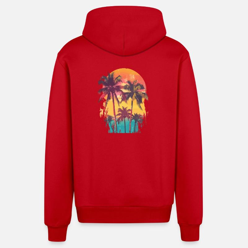 Palm Tree Sunset Summer Sun - Organic Relaxed Hooded Jacket Made in EU - red