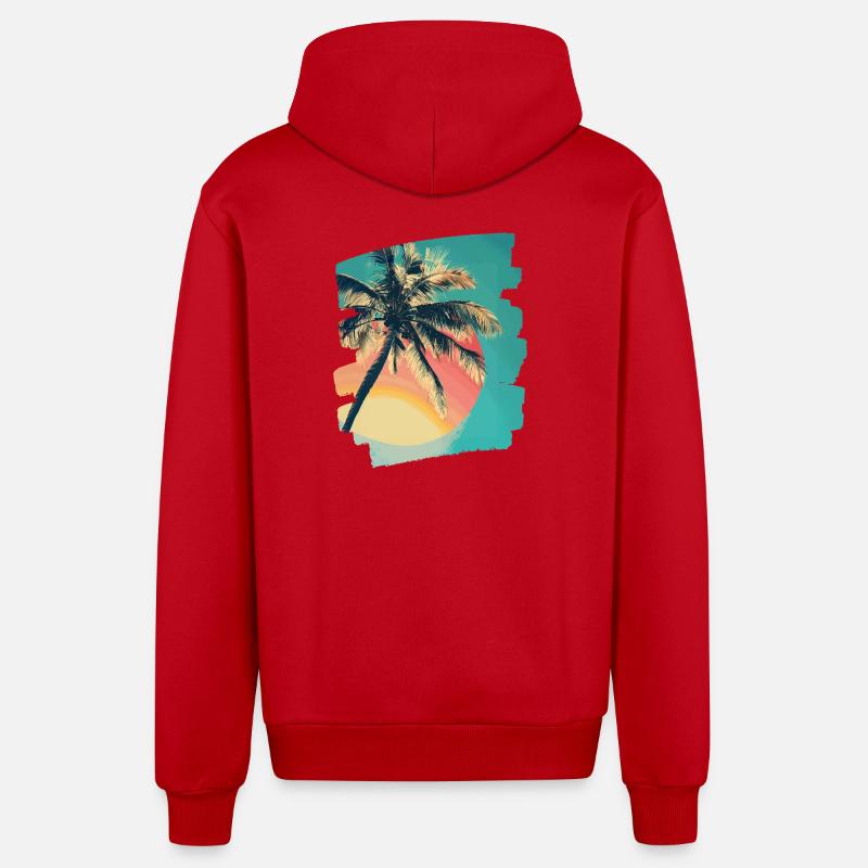 Palm Tree Sunset Summer Sun - Organic Relaxed Hooded Jacket Made in EU - red