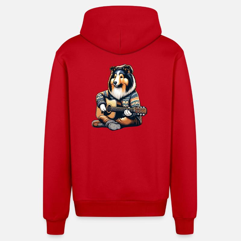 Collie Mit Akustikgitarre Im Strickpullover - Organic Relaxed Kapuzenjacke Made in EU - Rot