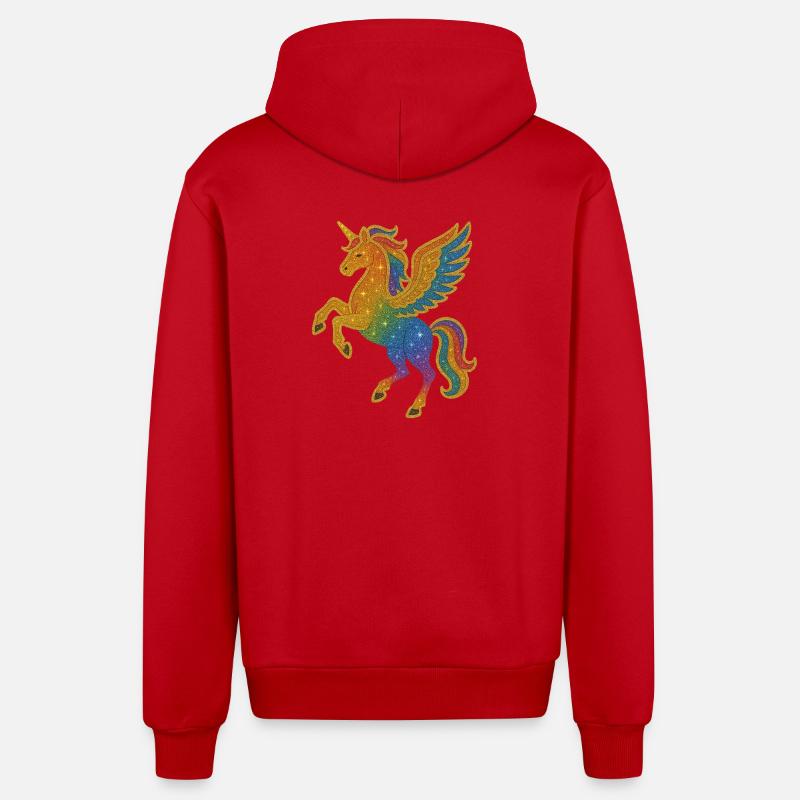 Illustration de Pégase arc-en-ciel scintillant - Veste à capuche bio décontractée fabriquée en UE - rouge