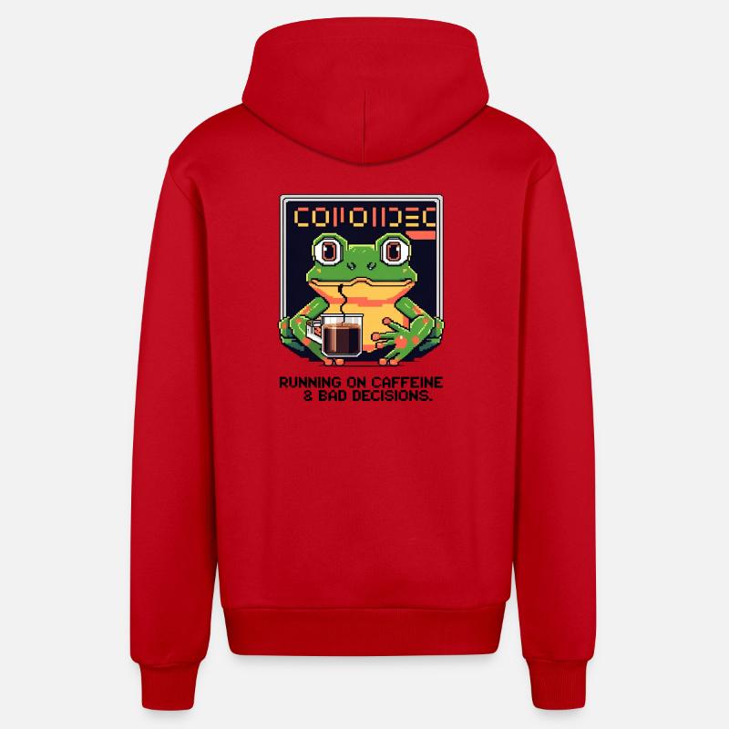 Pixel Frog – Caféine et mauvaises décisions - Veste à capuche bio décontractée fabriquée en UE - rouge