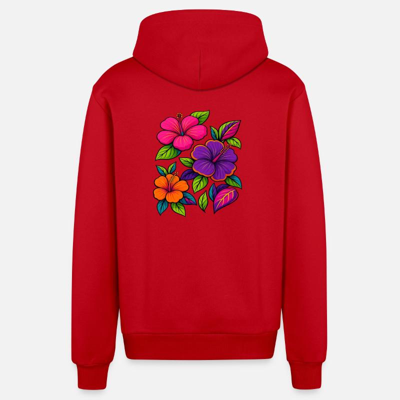Motifs floraux vibrants d’hibiscus - Veste à capuche bio décontractée fabriquée en UE - rouge