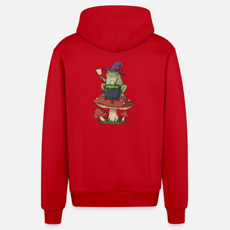Frog Witch Cauldron Over Mushroom Ring - Organic Relaxed Hooded Jacket Made in EU - red