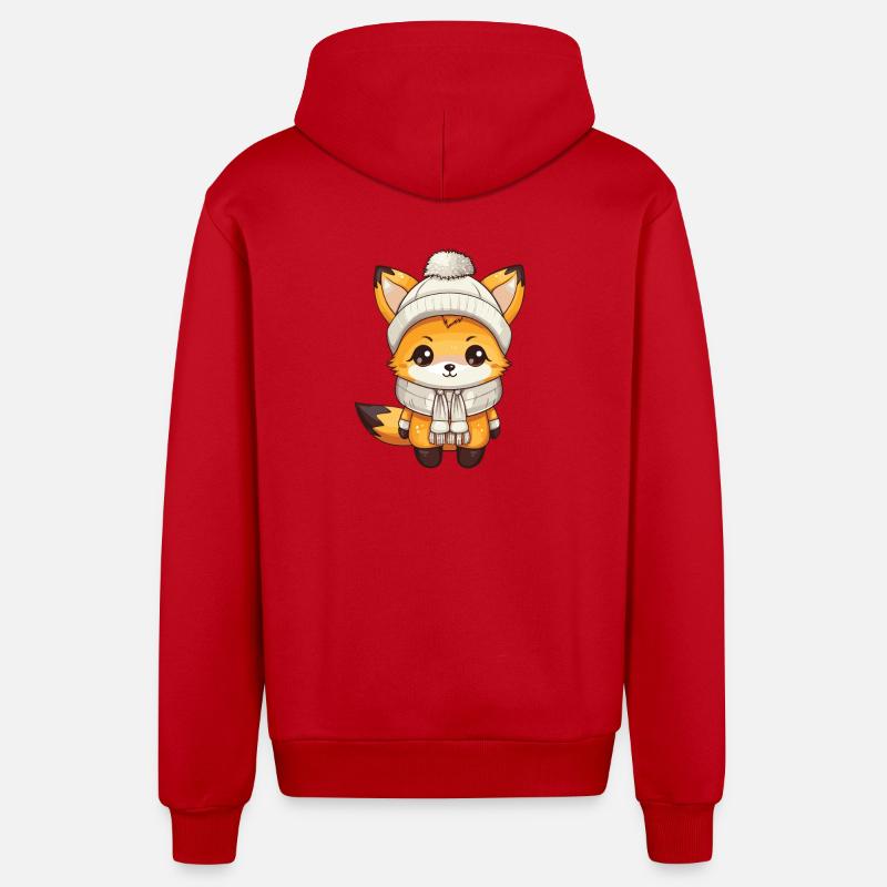 Renard Hiver Animal Bébé Bande Dessinée - Veste à capuche bio décontractée fabriquée en UE - rouge