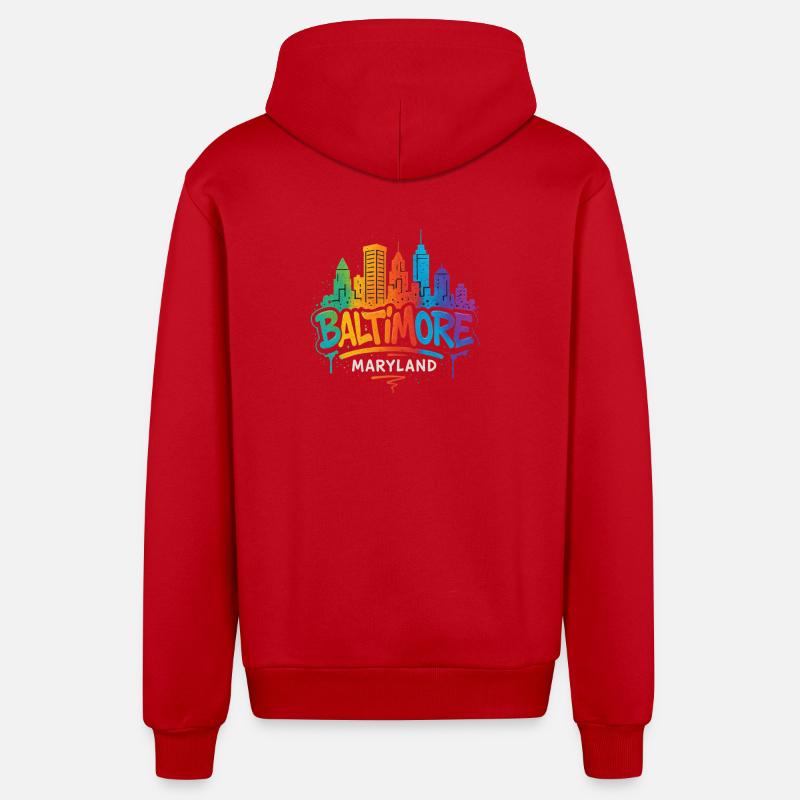 Baltimore Skyline Graffiti - Organic Relaxed Hooded Jacket Made in EU - red