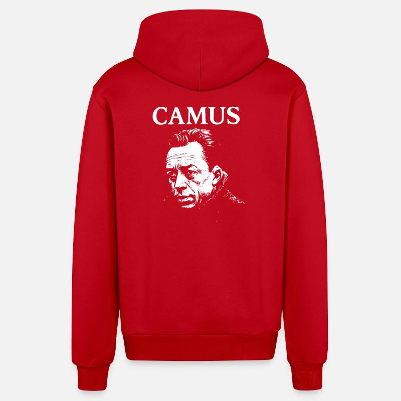 Portrait existentiel noir d’Albert Camus - Veste à capuche bio décontractée fabriquée en UE - rouge