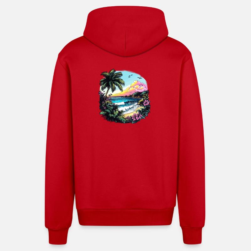 Côte tropicale au coucher du soleil - Veste à capuche bio décontractée fabriquée en UE - rouge