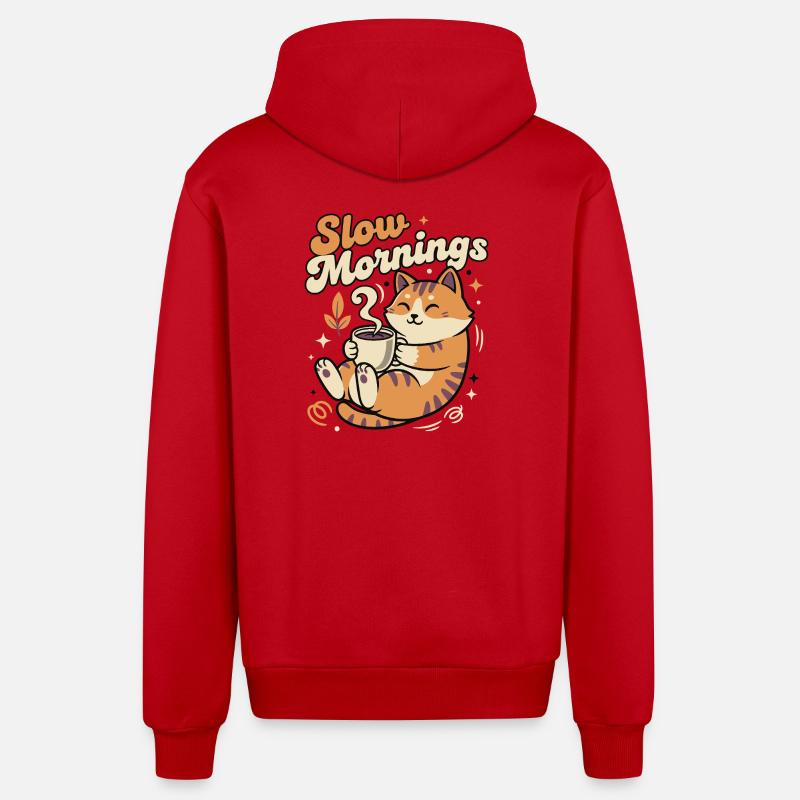 Chat lent du matin avec café - Veste à capuche bio décontractée fabriquée en UE - rouge