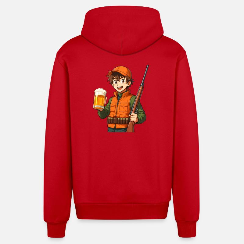 Jägerheld mit Bier und Flinte - Organic Relaxed Kapuzenjacke Made in EU - Rot
