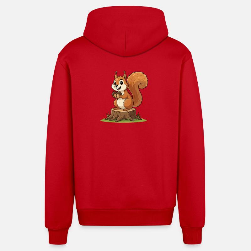 Eichhörnchen am Baumstumpf mit Eichel - Organic Relaxed Kapuzenjacke Made in EU - Rot
