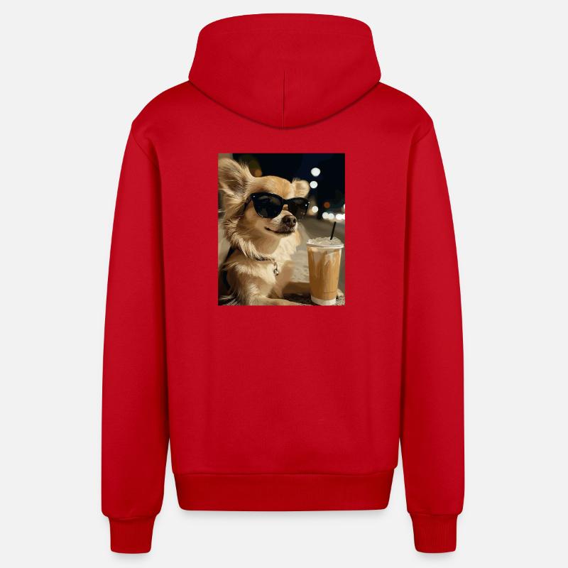 Sonnenbrillen-Hund mit Eiskaffee - Organic Relaxed Kapuzenjacke Made in EU - Rot