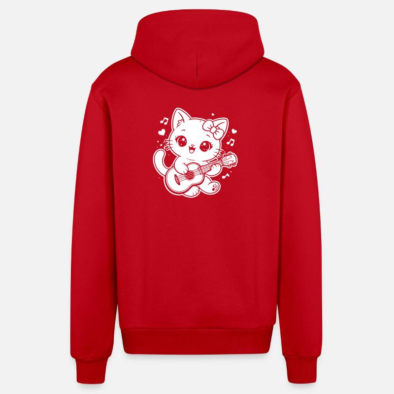 Chat kawaï jouant du ukulélé - Veste à capuche bio décontractée fabriquée en UE - rouge