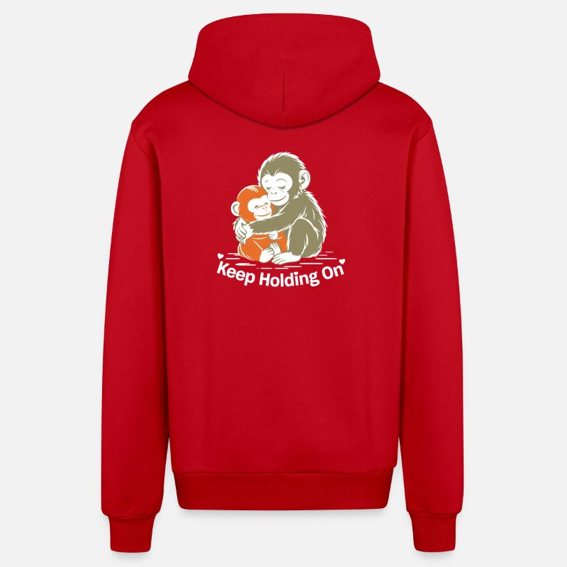 Keep Holding On Monkey Hug - Organic Relaxed Hooded Jacket Made in EU - red