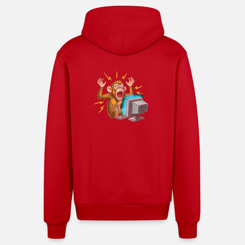 Monkey Computer Outbreak - Organic Relaxed Hooded Jacket Made in EU - red