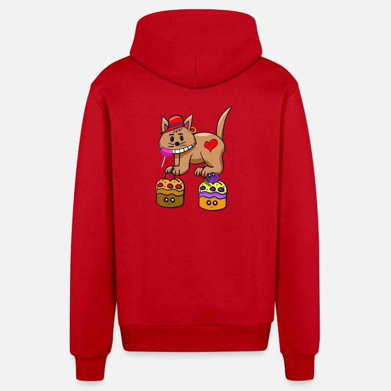 Cat Candy Snacking Muffin Lollipop - Organic Relaxed Hooded Jacket Made in EU - red