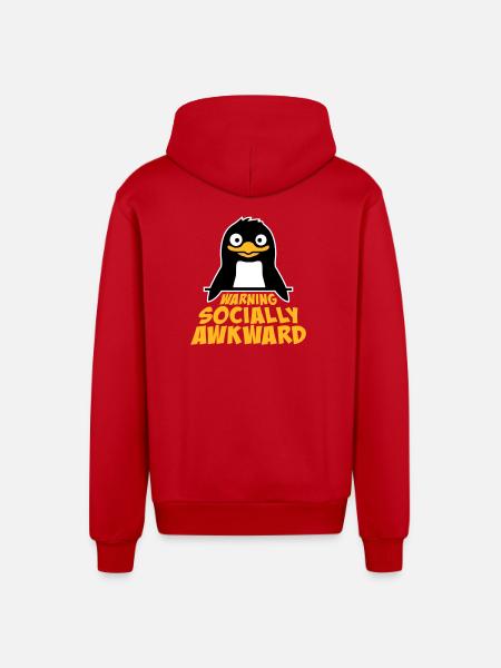 Penguin Warning Socially Awkward Funny Clumsy - Organic Relaxed Hooded Jacket Made in EU - red
