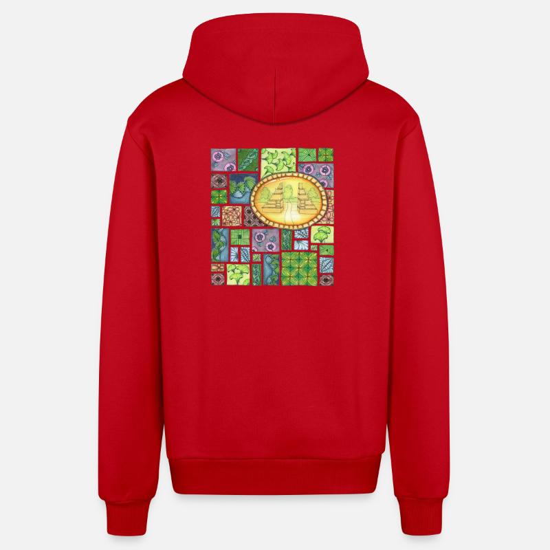 Bali temple on pattern patchwork - Organic Relaxed Kapuzenjacke Made in EU - Rot