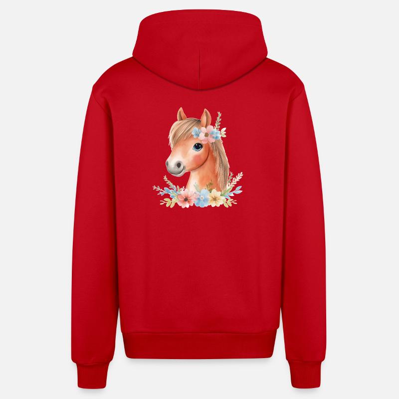 Süßes Pferd mit Blumen - Organic Relaxed Kapuzenjacke Made in EU - Rot