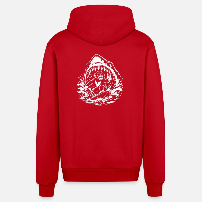 Surfing Monkey in Shark Wave - Organic Relaxed Hooded Jacket Made in EU - red