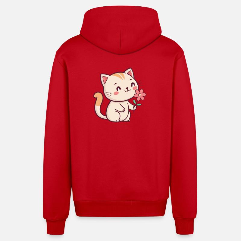 Chaton et fleur - Veste à capuche bio décontractée fabriquée en UE - rouge