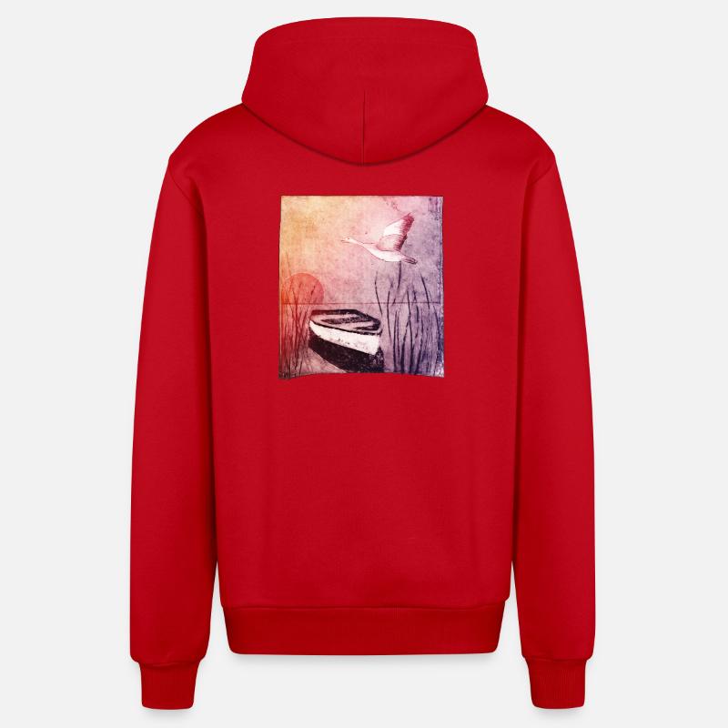 Boot am See - handgeschnitzte Druckvorlage - Organic Relaxed Kapuzenjacke Made in EU - Rot