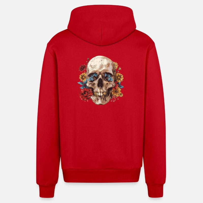 Crâne, crâne avec des fleurs - Veste à capuche bio décontractée fabriquée en UE - rouge