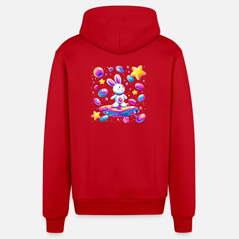 Galactic Rabbit on Surfboard - Organic Relaxed Hooded Jacket Made in EU - red