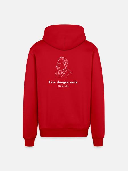 Live Dangerously Nietzsche Portrait - Organic Relaxed Hooded Jacket Made in EU - red