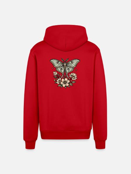 Moth with flower bouquet - Organic Relaxed Hooded Jacket Made in EU - red