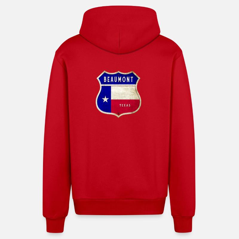 Drapeaux de l'écusson Beaumont Texas - Veste à capuche bio décontractée fabriquée en UE - rouge