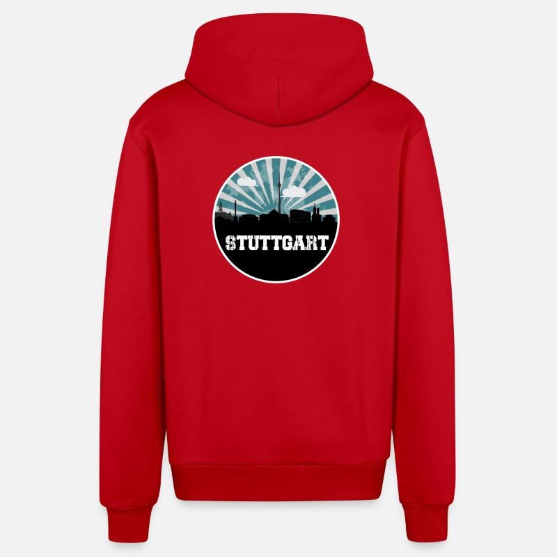 Stuttgart Skyline Blue Hour - Organic Relaxed Hooded Jacket Made in EU - red