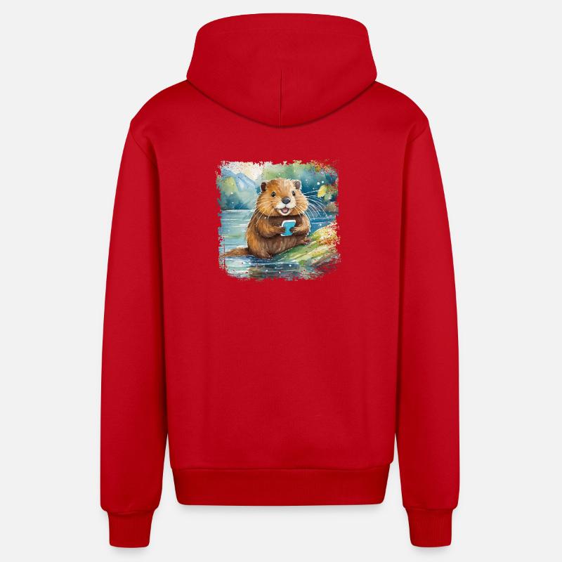 Niedlicher junger Biber mit Handy - Organic Relaxed Kapuzenjacke Made in EU - Rot