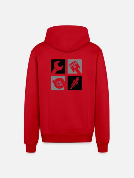 Wrench Piston Turbo Spark Plug Emblem - Organic Relaxed Hooded Jacket Made in EU - red