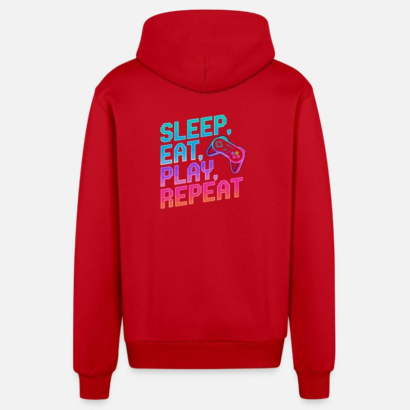 Dormir, manger, jouer, répéter, - Veste à capuche bio décontractée fabriquée en UE - rouge
