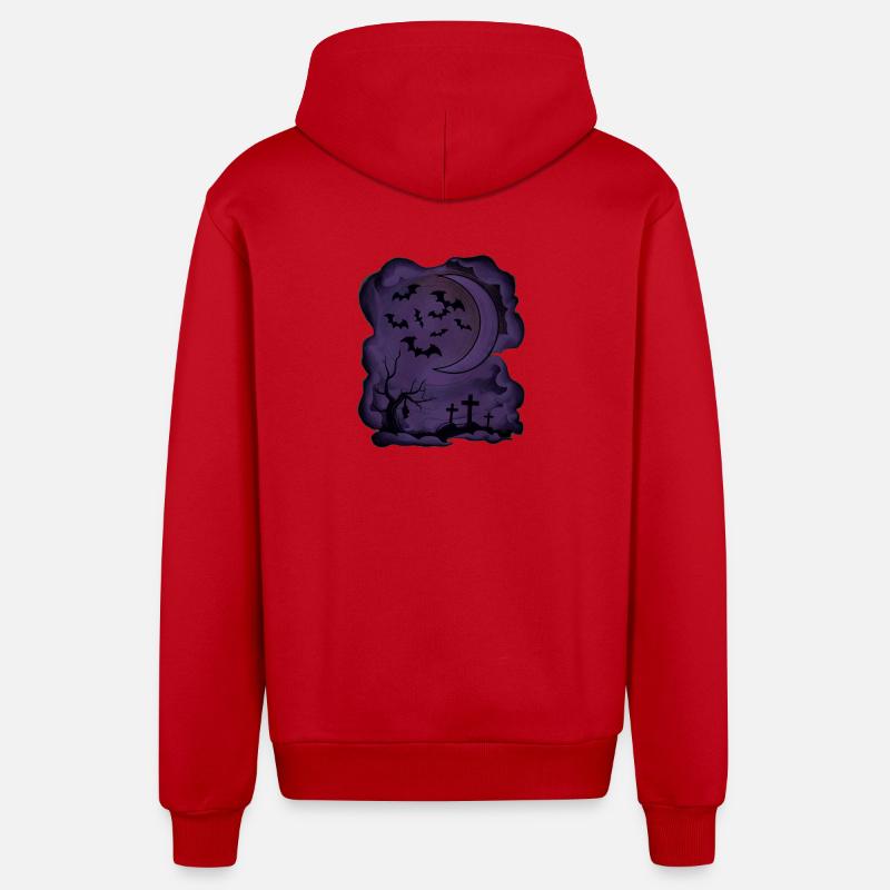 Fledermäuse, Mondsichel, Gräber, Bäume - Organic Relaxed Kapuzenjacke Made in EU - Rot
