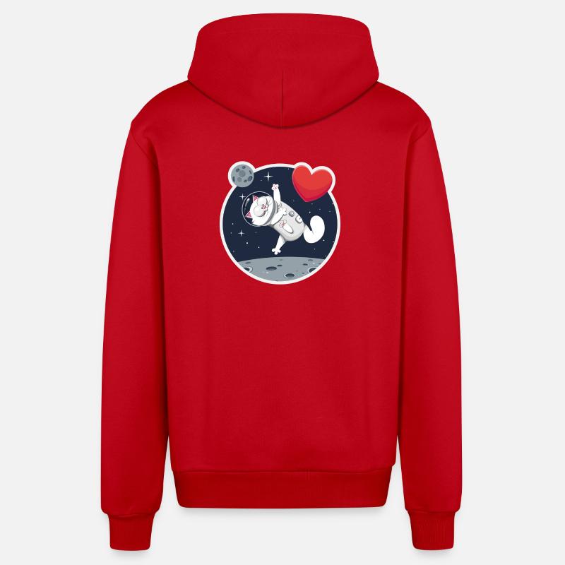 Chat astronaute solitaire attrapant cœur - Veste à capuche bio décontractée fabriquée en UE - rouge
