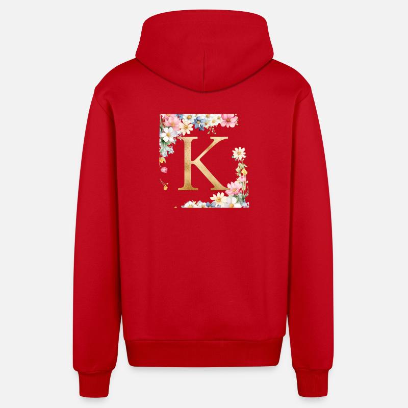 K Monogram, Floral, Personnalisable - Veste à capuche bio décontractée fabriquée en UE - rouge