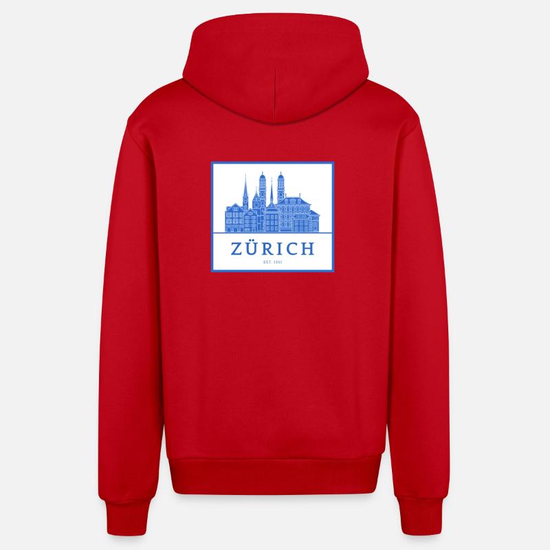 Silhouette bleue de Zurich Skyline - Veste à capuche bio décontractée fabriquée en UE - rouge